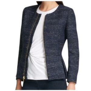 DKNY Women's Size 10 Tweed Zip-Up Blazer Blue White Black Career Wear